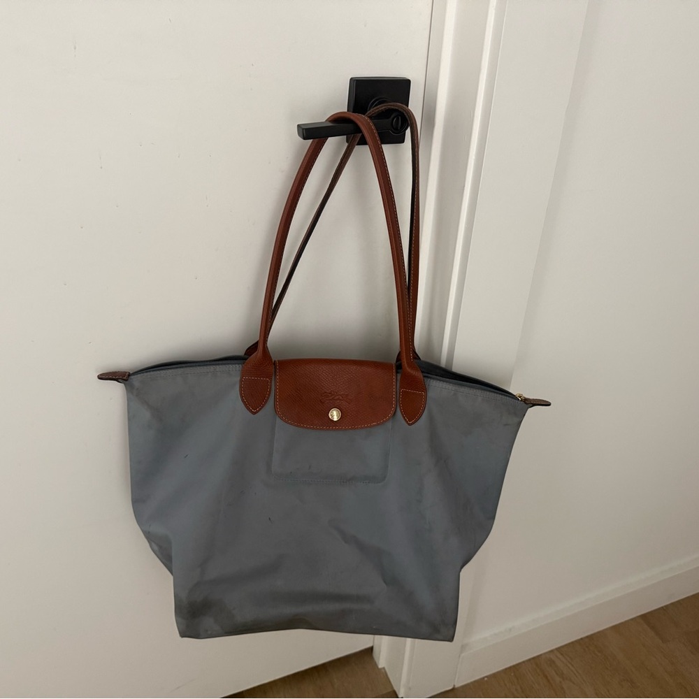 Longchamp grey tote with brown leather handles